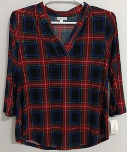 Charter Club Women's XLPlaid V neck NWT Blouse - Red Navy Tartan Print Silky - Foto 1 di 13