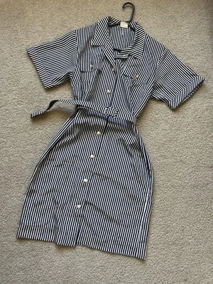 Camisa Midi a Rayas Azul Blanco Dorado Botón Frontal Vestido Cinturón Cuello Retro Italia Foto 1 de 4