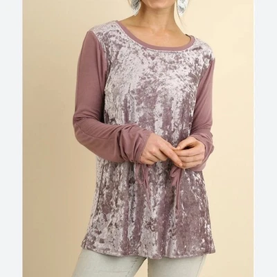 Top de terciopelo malva manga larga con cordón muñeca UMGEE para mujer talla pequeña Foto 1 de 4