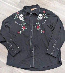 Scully Western Rockabilly Skull Rose Shirt Black Long Sleeve XXL Pearl Snap - Picture 1 of 5