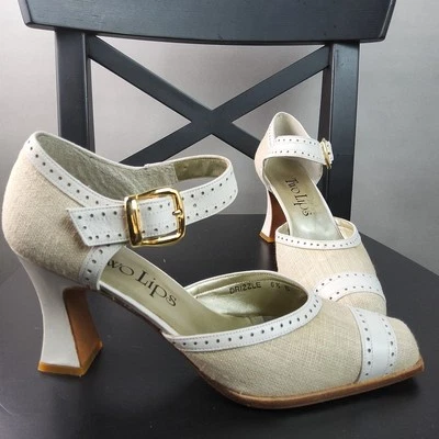 ДВЕ ГУБЫ Wmns 6,5 слоновой кости льняной белой кожи викторианской квадратные каблуки туфли-лодочки - Изображение 1 из 4