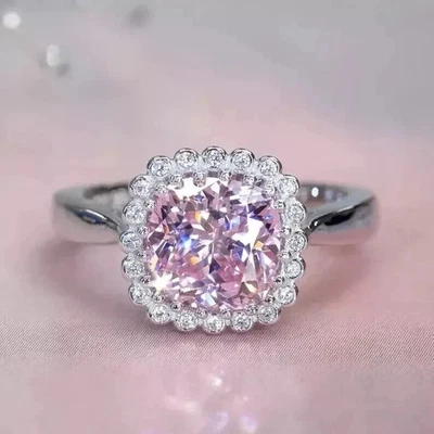 4Ct Cushion Cut Natural Pink Sapphire Diamond Engagement Ring 14k White Gold - Image 1 of 4