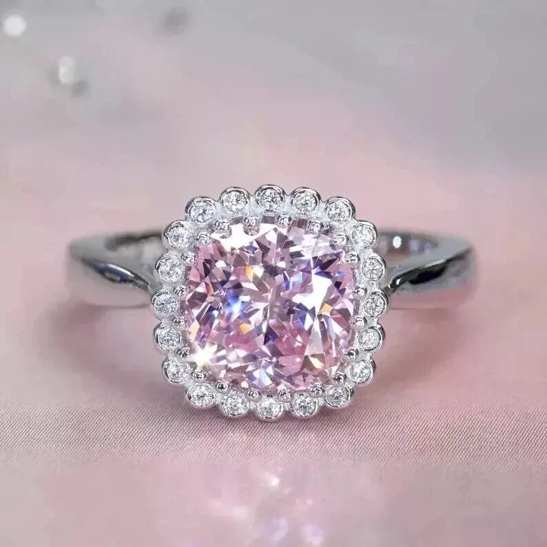 4Ct Cushion Cut Natural Pink Sapphire Diamond Engagement Ring 14k White Gold - Image 1 of 4