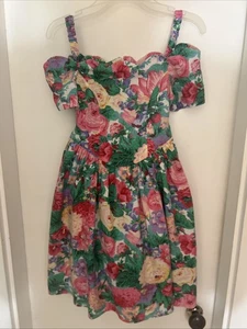 Girl’s Handmade Floral Dress Size 7 Cotton Cold Shoulder V Drop Waist - Picture 1 of 3