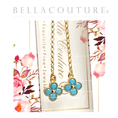 $595 NEW 14K YELLOW GOLD PAVE TURQUOISE CLOVER VICTORIAN DANGLE PENDANT EARRINGS - Image 1 of 4
