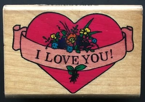 I LOVE YOU SCROLL SASH WRAPPED HEART FLORAL DETAIL Inkadinkado Wood Rubber Stamp - Picture 1 of 4