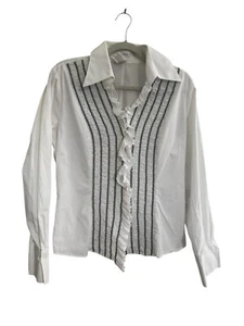 Nara Camicie Size V 5 **READ** Ruffle Smocked Button Shirt White Black #4024 - Picture 1 of 14
