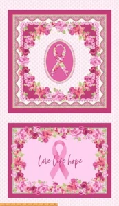 Pink Ribbon Cancer Awareness Fabric Roses Love Pink Cotton Windham 24" Panel - Picture 1 of 1