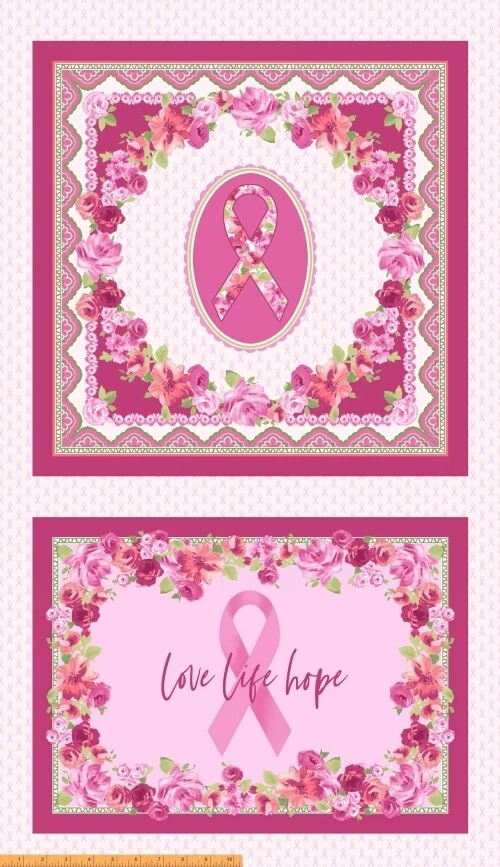 Pink Ribbon Cancer Awareness Fabric Roses Love Pink Cotton Windham 24" Panel - Image 1 of 1
