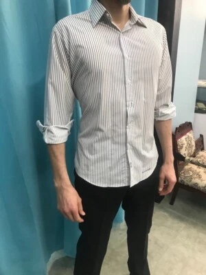 Formal Dress Shirt - Andrew Fezza  - White w Black Pin Stripe - Large 36/37 Tall — 第 1/4 张图片