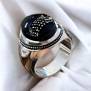Black Yameni Aqeeq Gemstone Ring, Agate Silver Ring for Men, Handmade Mens Ring - Picture 1 of 4
