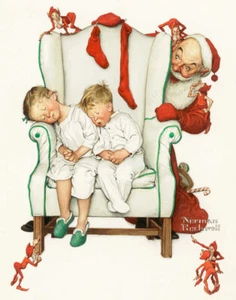 Norman Rockwell Santa Looking At Two Sleeping Children Canvas Print 16 x 20 - Picture 1 of 4