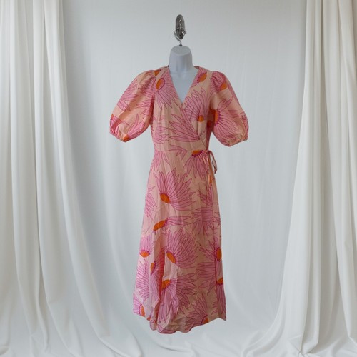 Abito midi donna Kate Spade manica a sbuffo avvolgente taglia 4 floreale leggero scollo a V