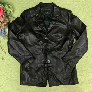 Jones New York Black Soft Leather Button Down Notched Collar Coat Jacket Women M - Picture 1 of 8
