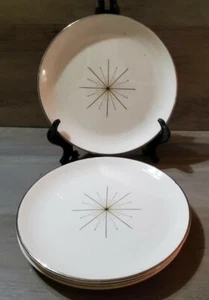 Vintage Modern Starburst Atomic Plate 6.75'' MCM Gold Trim 4pc Appetizer Dessert - Picture 1 of 5