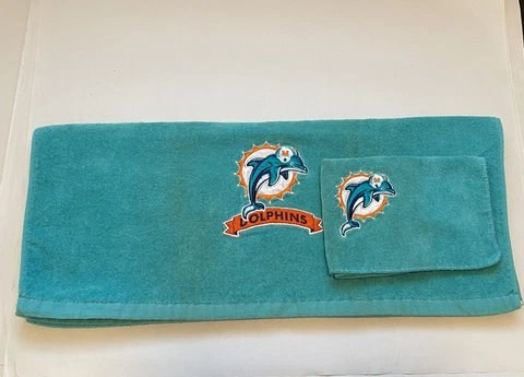 2 Vintage Miami Dolphins Bath Towels Washcloth 1990s Terry Cloth NFL Official Cover
