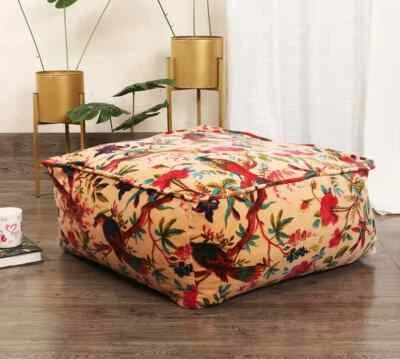 Beige Bird Printed Velvet Square Ottoman Cover Throw Big Size Ottoman Cover - Image 1 of 4