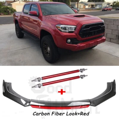For Toyota Tacoma 2005-2015 Carbon Fiber&Red Car Front Bumper Lip + Strut Rods - Imagem 1 de 4