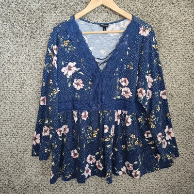 Blusa Torrid Top Mujer 3 US Plus 3X Azul Lunares Floral Cuello en V Manga Larga Foto 1 de 4