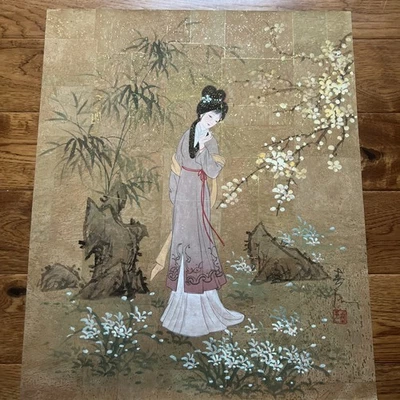 New - Vintage  Beautiful Asian Gouache Watercolor Painting On Cork Paper 20 x 24 - Image 1 of 4