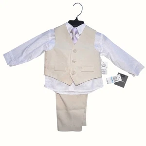 Van Heusen Boys 4 Piece Suit Set Size 6 - 9 Months Vest Tie Beige Wedding Formal - Picture 1 of 6