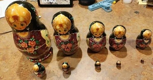 Traditional Russian Nesting Doll Wooden 10 Piece Graduated Sizes Blue White - Picture 1 of 8