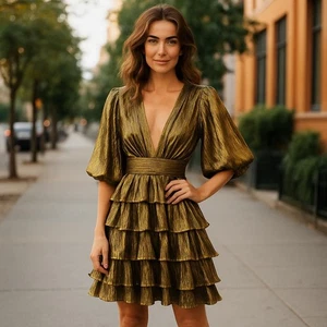 Mable Dress Womens Small Metallic Ruffle Tiered Plunge Party Puff Sleeve - Picture 1 of 12