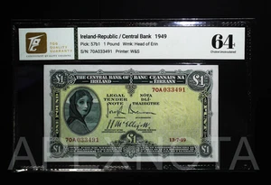 EIRE IRELAND £1 POUND 1949 P57b1 CU 64 CHOICE UNC LADY LAVERY POST WWII DATE - Picture 1 of 3