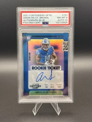 2021 Optic Contenders Amon-Ra St Brown Rookie Ticket BLUE /75 Auto PSA8 Auto 10 - Image 1 of 2