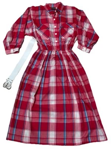 Vintage RAOUL Red Plaid Shirtdress w/ White Belt Size 10 Western Prairie Vibe - Picture 1 of 11