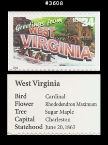 USA4 #3608 MNH West Virginia Greetings from America - Imagen 1 de 1