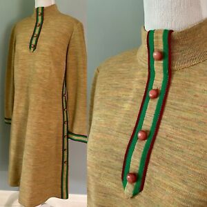 Vintage 1960s Spacedye Green Wool Shift Dress with Button Detailing