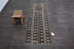 Vintage Turkish Runner Rug 2x5ft Wool Anatolian Handmade Hallway Oushak BROWN - Picture 1 of 9