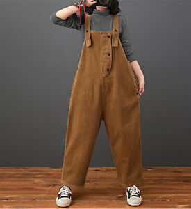 Women Solid Corduroy Casual Loose Jumpsuits Overalls Strap Dungaree Trousers 