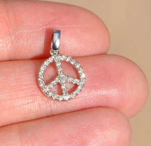 14k Solid Gold Natural Diamond Peace Pendant - Pave Small White Gold - Picture 1 of 6