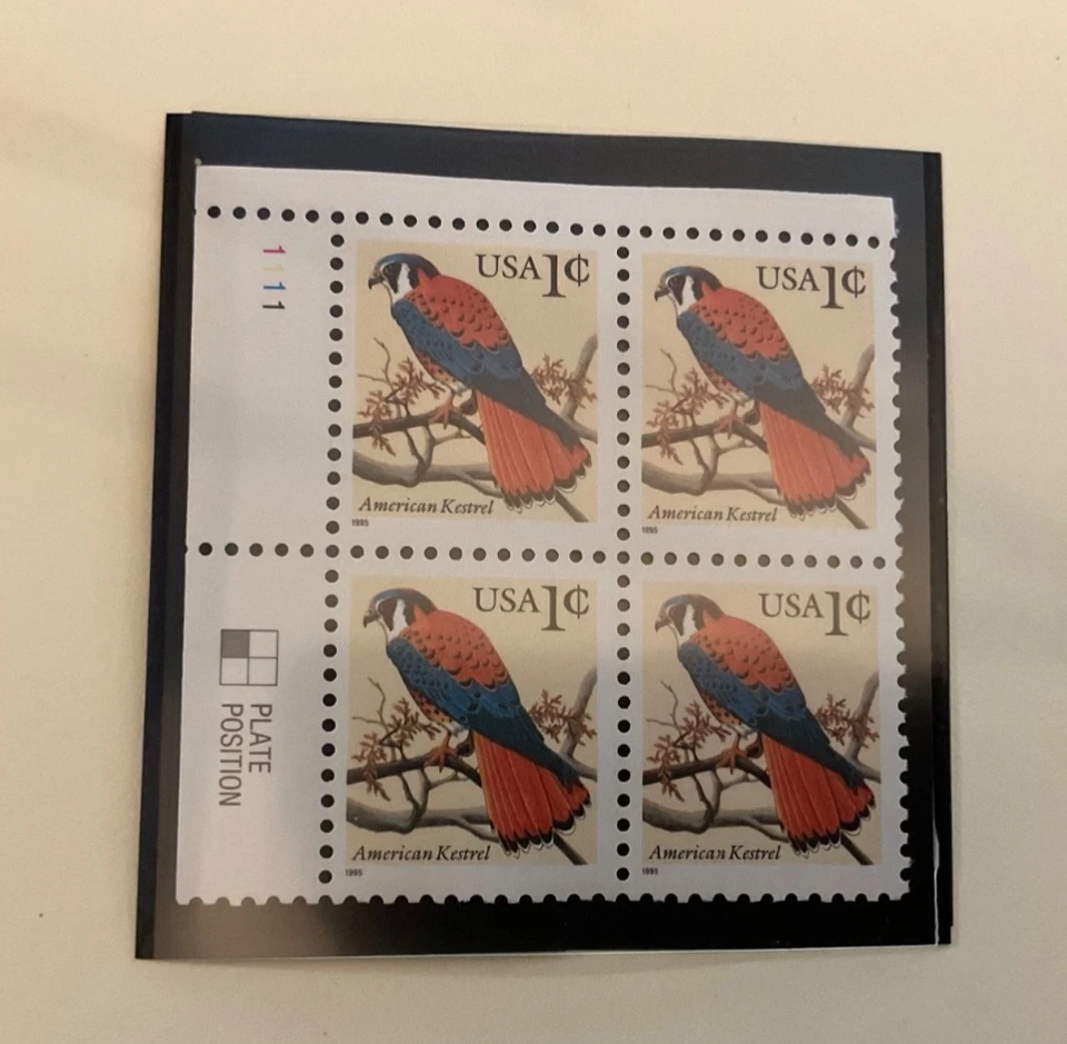 USPS Scott 3031  American Kestrel 4-1 cent stamp plate block.  - Image 1 of 1