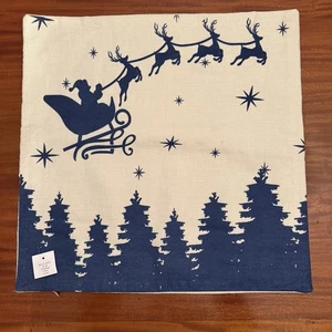 Santa & Rentier Silhouette Kissenbezug - 19" Leinenoptik Quadratisch - Marine Hellbraun Neu mit Etikett - Bild 1 von 4
