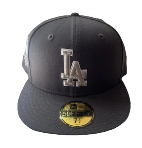 Los Angeles Dodgers New Era 59FIFTY Dark Graphite Fitted Hat 7 1/2 Stadium Patch - Picture 1 of 10