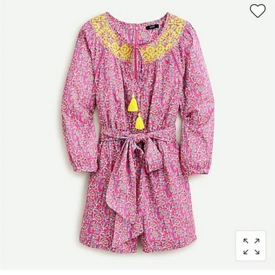 NEW J. Crew Pink Yellow Embroidered Romper Floral Belted Pockets Resortwear - Image 1 of 4