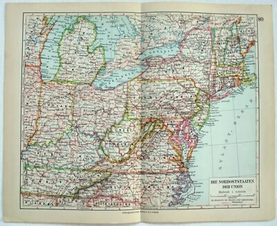 Northeastern USA - Original 1931 German Language Map by Meyers. Vintage - Image 1 of 3
