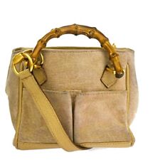 GUCCI Logo Bamboo 2Way Mini Shoulder Hand Bag Suede Leather Beige Gold 64JH760
