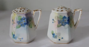Hand Painted Nippon Porcelain Forget Me Not Gold Handled Salt Pepper Vintage Set - Picture 1 of 7
