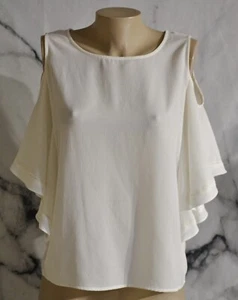 I JEANS BY BUFFALO White Cold Shoulder Cecile Top Small Short Flutter Sleeves - Picture 1 of 7