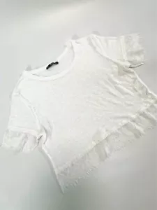 ZARA Women's White Short Cropped Lace Hem T-Shirt Linen Blend Size M Portugal - Picture 1 of 6