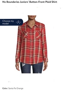 No Boundaries Shirt Juniors Small (3-5) Blood Orange Plaid Rayon Collared - Picture 1 of 2