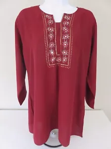 Makon Women's Burgundy Beaded Embroidered Long Sleeve Pullover Top Size XXL - Picture 1 of 6
