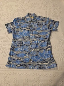 Kahala Button Down Shirt Unisex Medium Fish Print Hawaiian Classic Blue Black - Picture 1 of 7