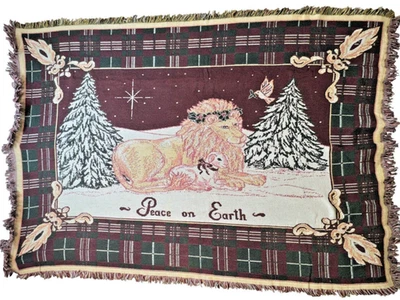 Classic Rustic Lion & Lamb Peace On Earth Tapestry Throw Blanket Fringe Trim - Image 1 of 4
