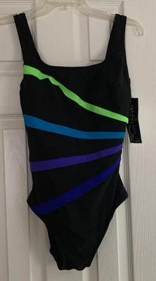 Maiô Robby Len One Piece tamanho 14 preto com listras coloridas $68 - Imagem 1 de 4