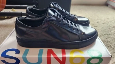 Tênis social Reiss couro envernizado azul marinho monocromático em excelente estado usado masculino EUA 8 Reino Unido 7 - Imagem 1 de 4